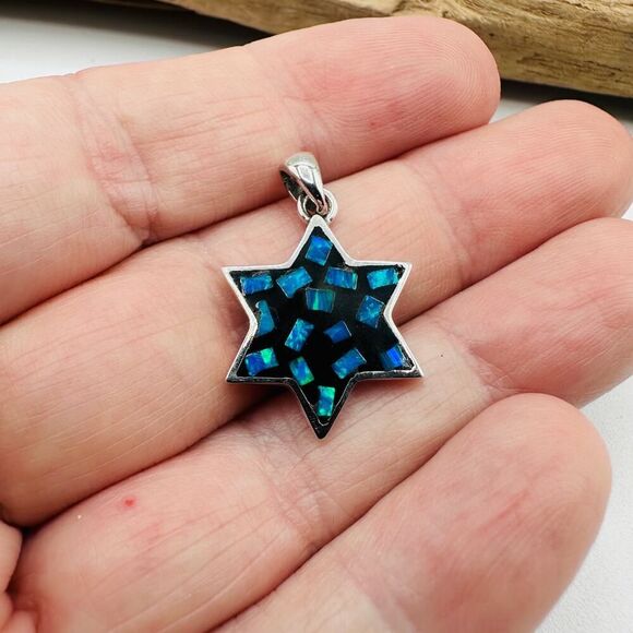 Sterling Silver Mosaic Lab Opal Star of David Pendant, Jewish Star - Picture 7 of 7